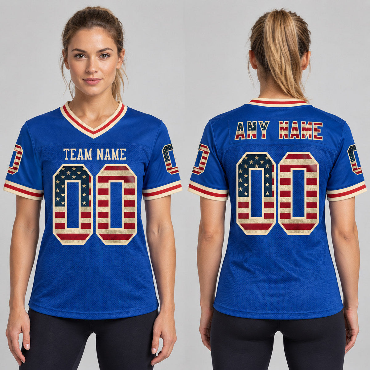 Custom Royal Vintage USA Flag Mesh Authentic Football Jersey with Cream and Red Lettering worn by female model