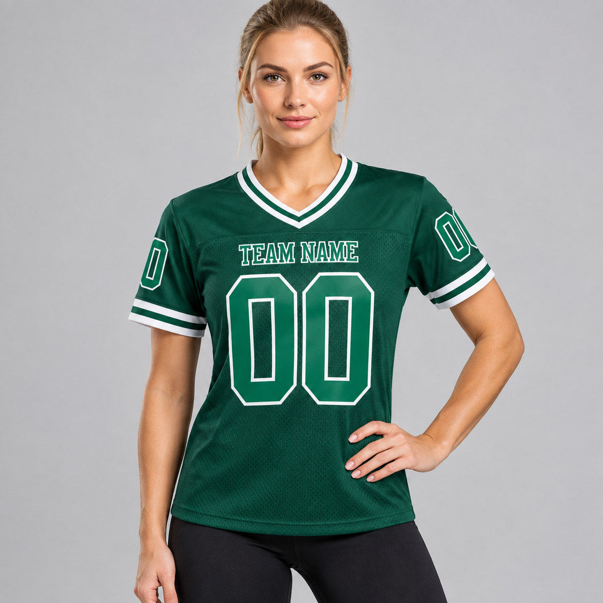 Custom Green Mesh Authentic Football Jersey with Kelly Green and White Lettering Design 0335 worn by female model