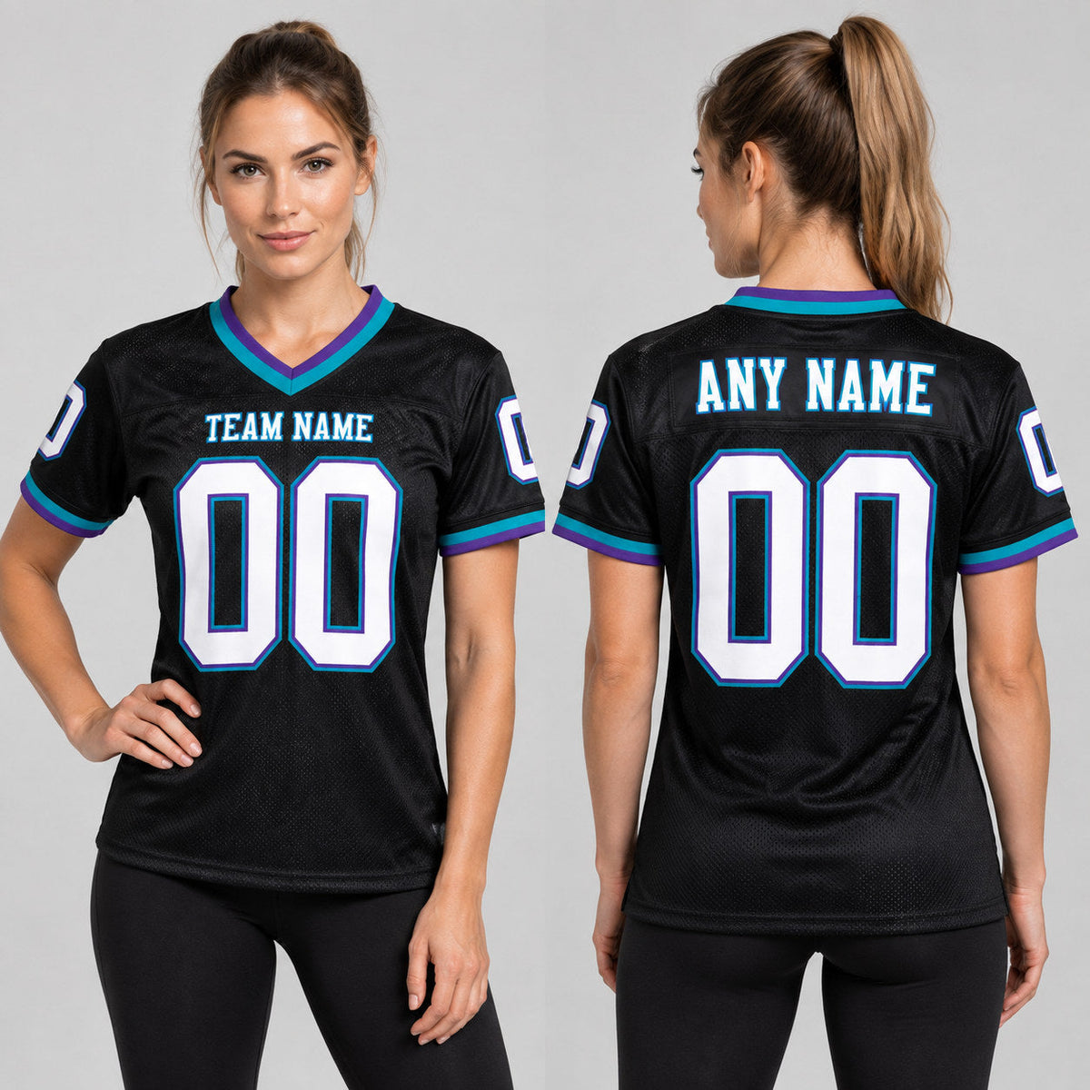 Custom Black Mesh Authentic Football Jersey with Purple and Teal Lettering worn by female model