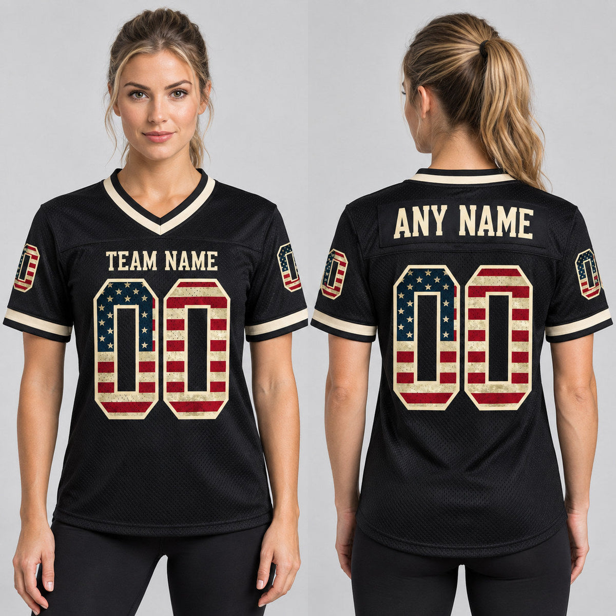 Custom Black Vintage USA Flag Mesh Authentic Football Jersey with Cream Lettering Design 2253 worn by female model