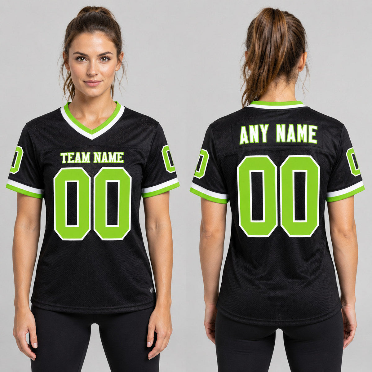 Custom Black Mesh Authentic Football Jersey with Neon Green and White Lettering Design 2251 worn by female model