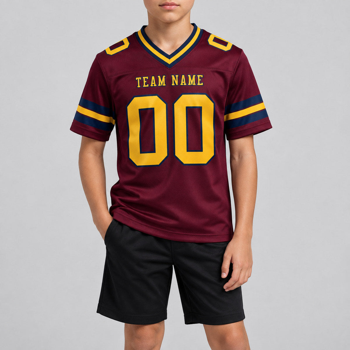 Custom Burgundy Authentic Football Jersey with Gold and Navy Lettering youth size worn by child model