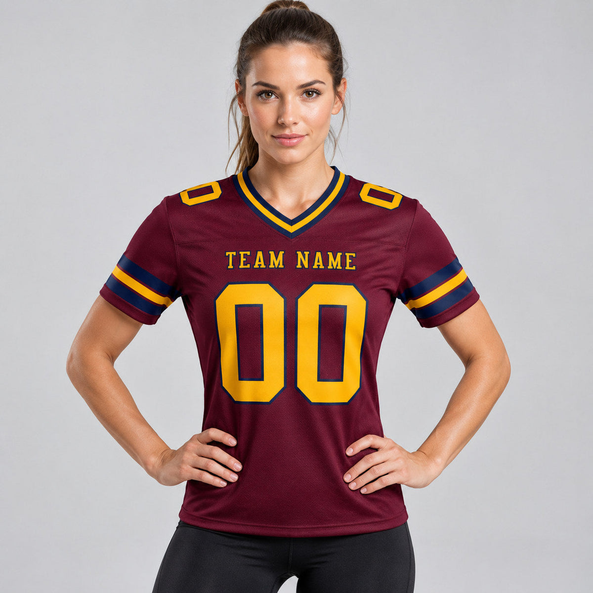 Custom Burgundy Authentic Football Jersey with Gold and Navy Lettering worn by female model