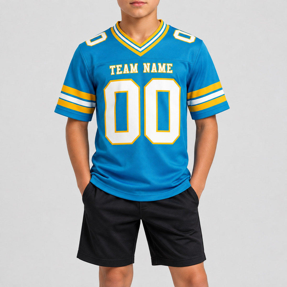 Custom Panther Blue Authentic Football Jersey with White and Gold Lettering youth size worn by child model