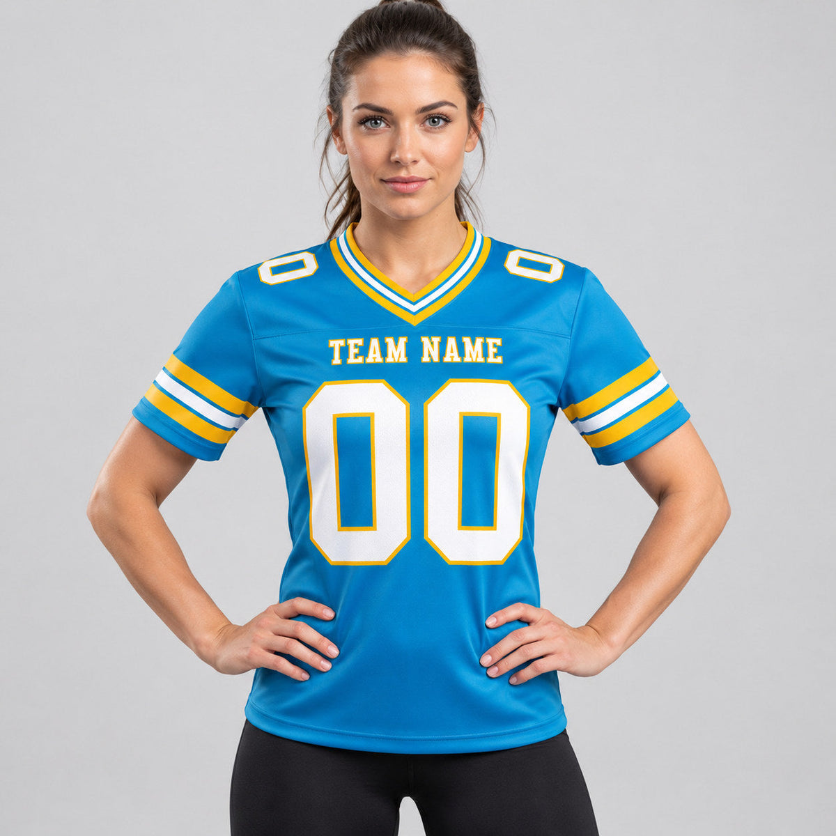 Custom Panther Blue Authentic Football Jersey with White and Gold Lettering worn by female model