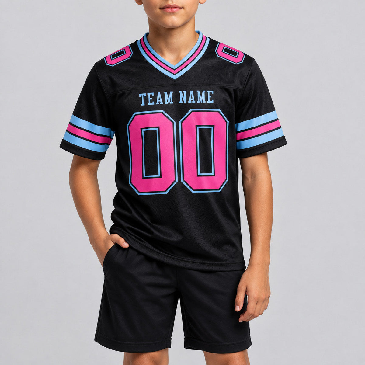 Custom Black Authentic Football Jersey with Pink and Light Blue Lettering Design 1725 youth size worn by child model