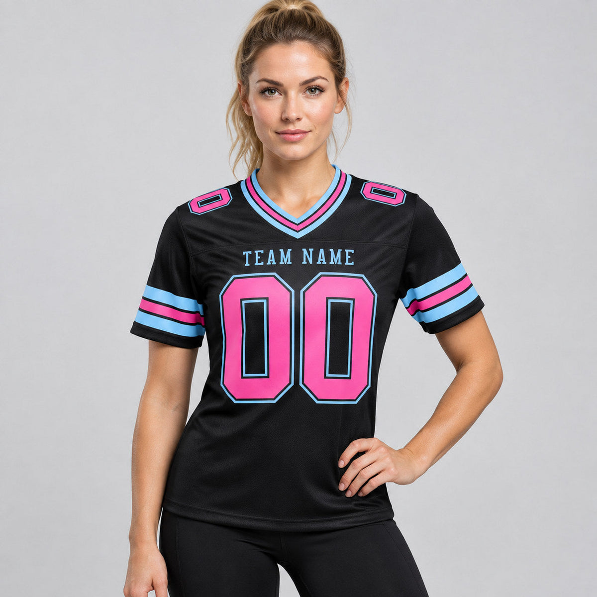 Custom Black Authentic Football Jersey with Pink and Light Blue Lettering Design 1725 worn by female model