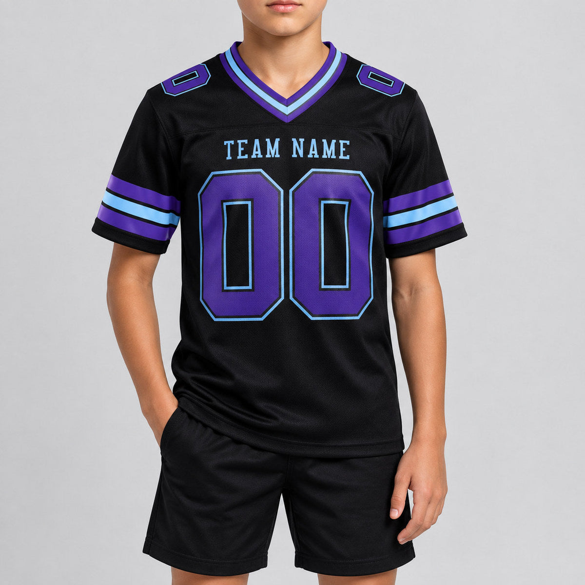 Custom Black Authentic Football Jersey with Purple and Light Blue Lettering Design 1716 youth size worn by child model