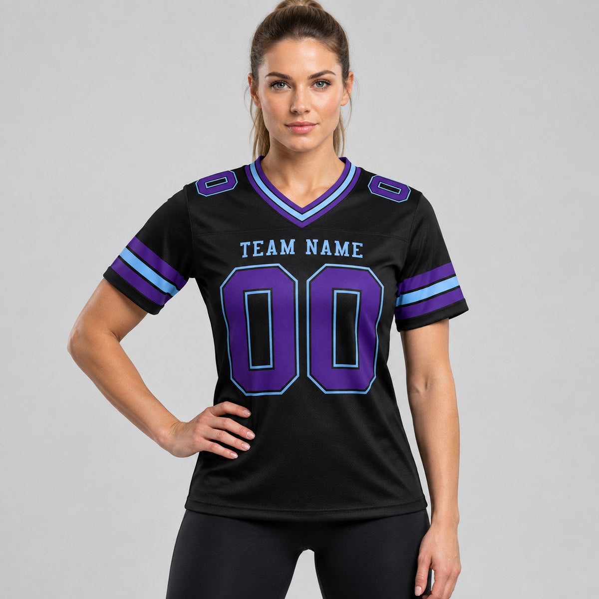 Custom Black Authentic Football Jersey with Purple and Light Blue Lettering Design 1716 worn by female model