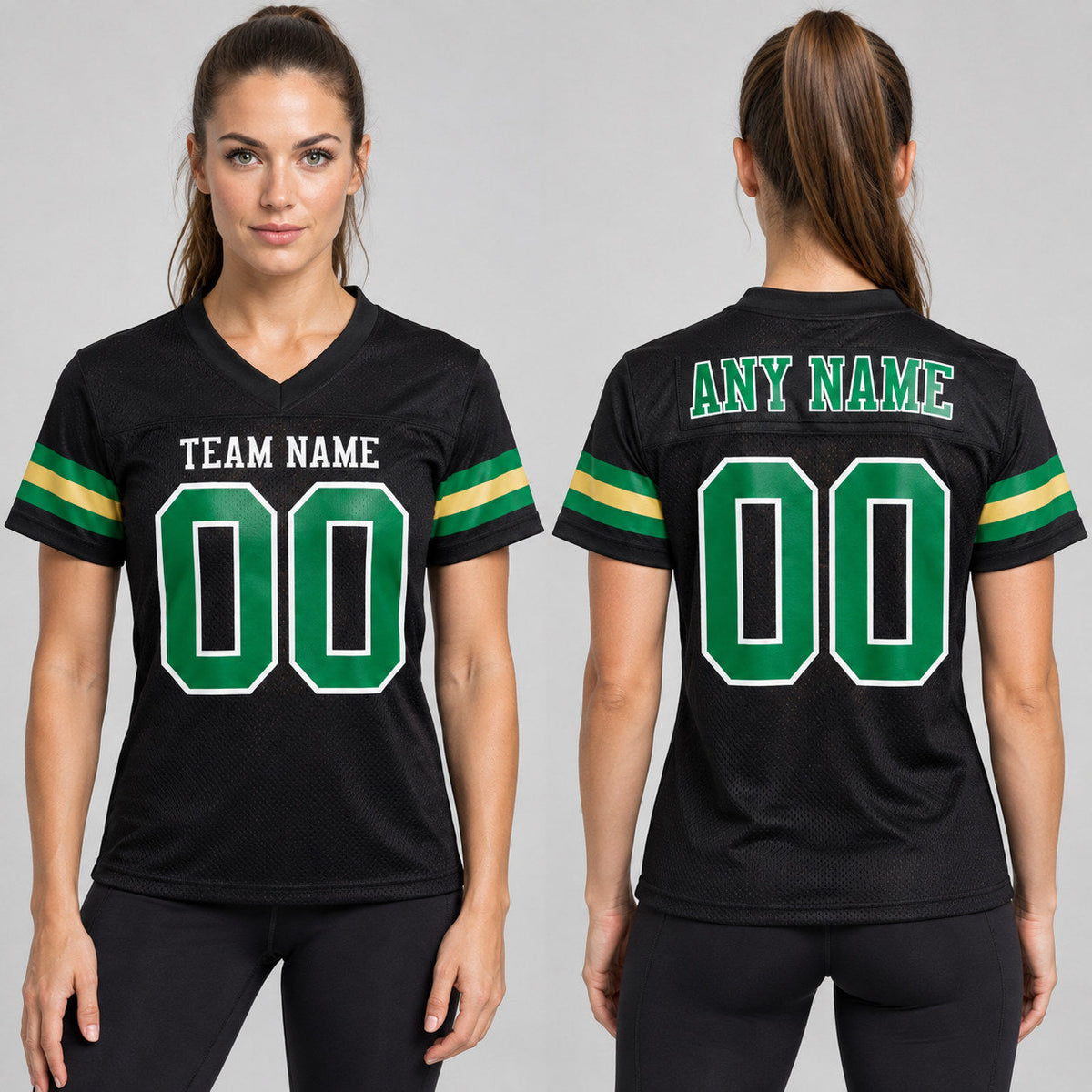 Custom Black Mesh Authentic Football Jersey with Grass Green and Old Gold Lettering worn by female model