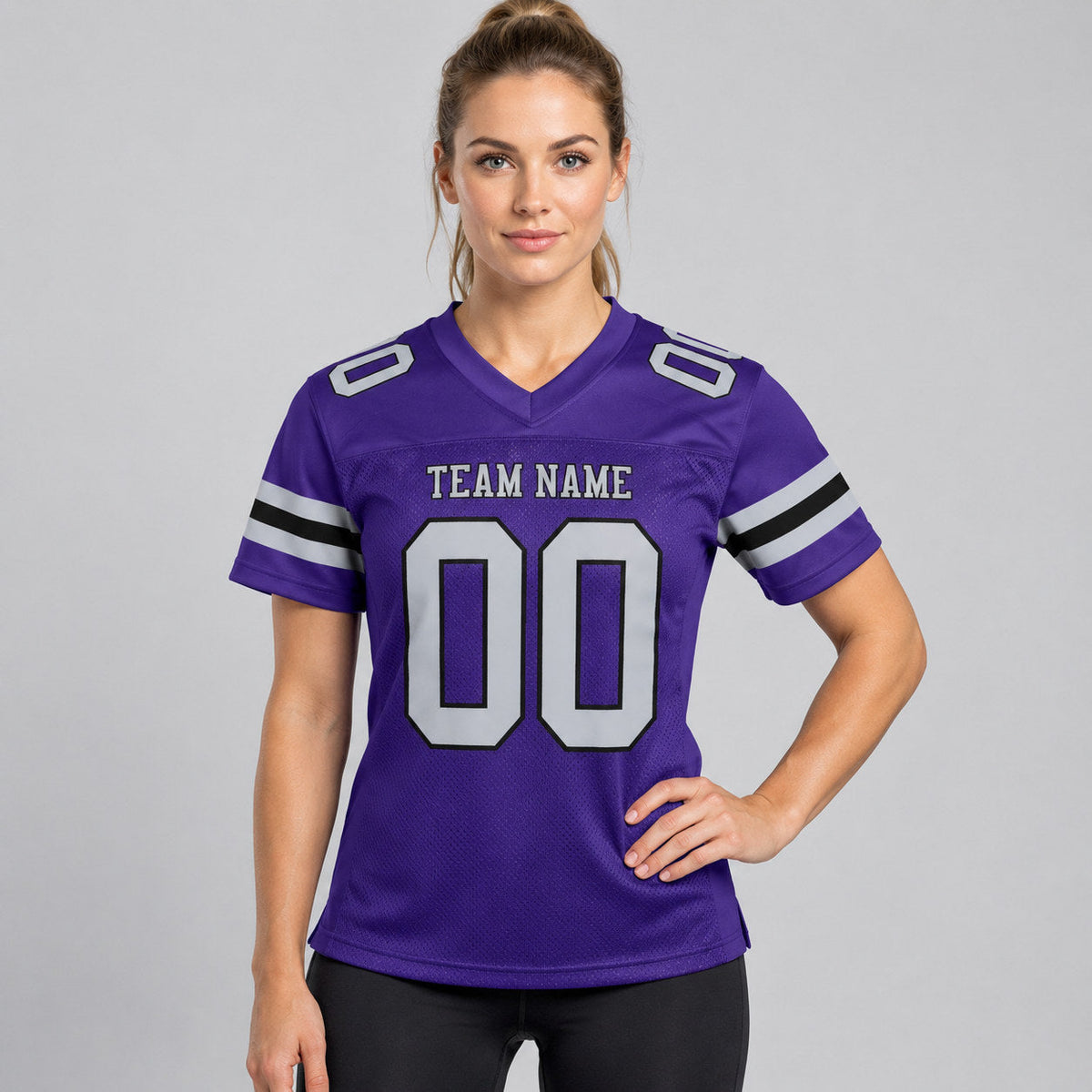 Custom Purple Mesh Authentic Football Jersey with Gray and Black Lettering Design 0467 worn by female model