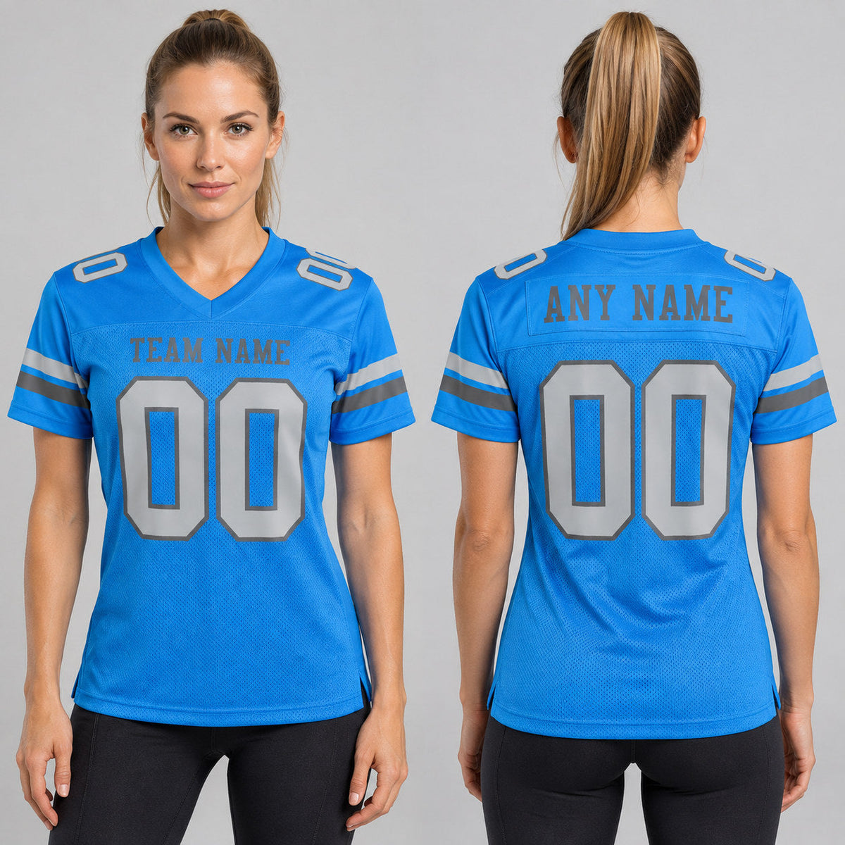 Custom Powder Blue Mesh Authentic Football Jersey with Gray and Steel Gray Lettering worn by female model