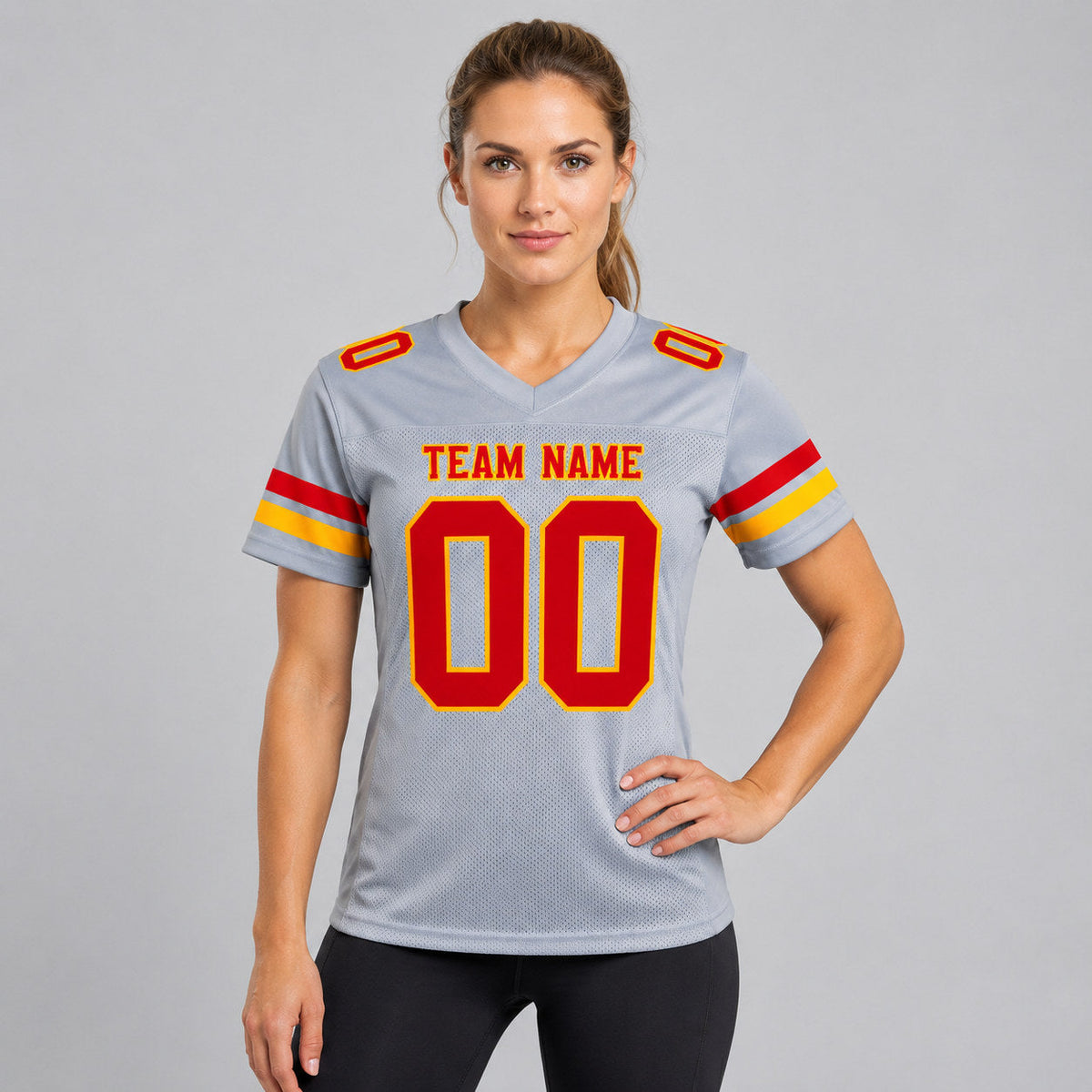 Custom Gray Mesh Authentic Football Jersey with Red and Gold Lettering Design 0577 worn by female model