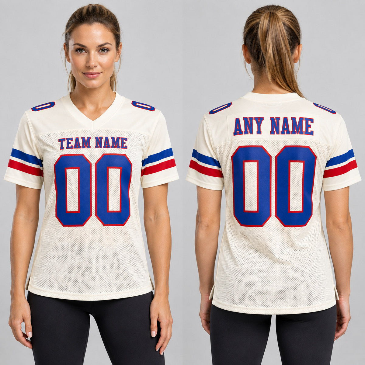 Custom Cream Mesh Authentic Football Jersey with Royal and Red Lettering worn by female model