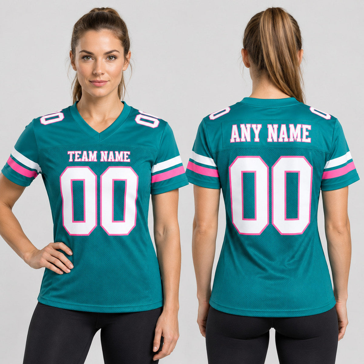 Custom Teal Mesh Authentic Football Jersey with White and Pink Lettering Design 0216 worn by female model