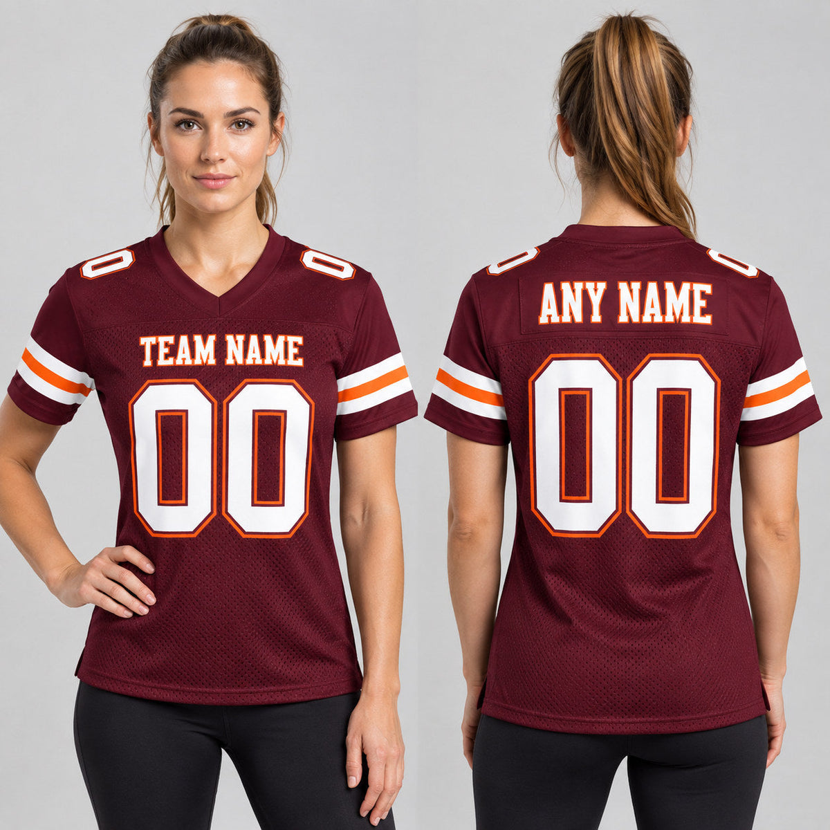 Custom Burgundy Mesh Authentic Football Jersey with White and Orange Lettering Design 0102 worn by female model