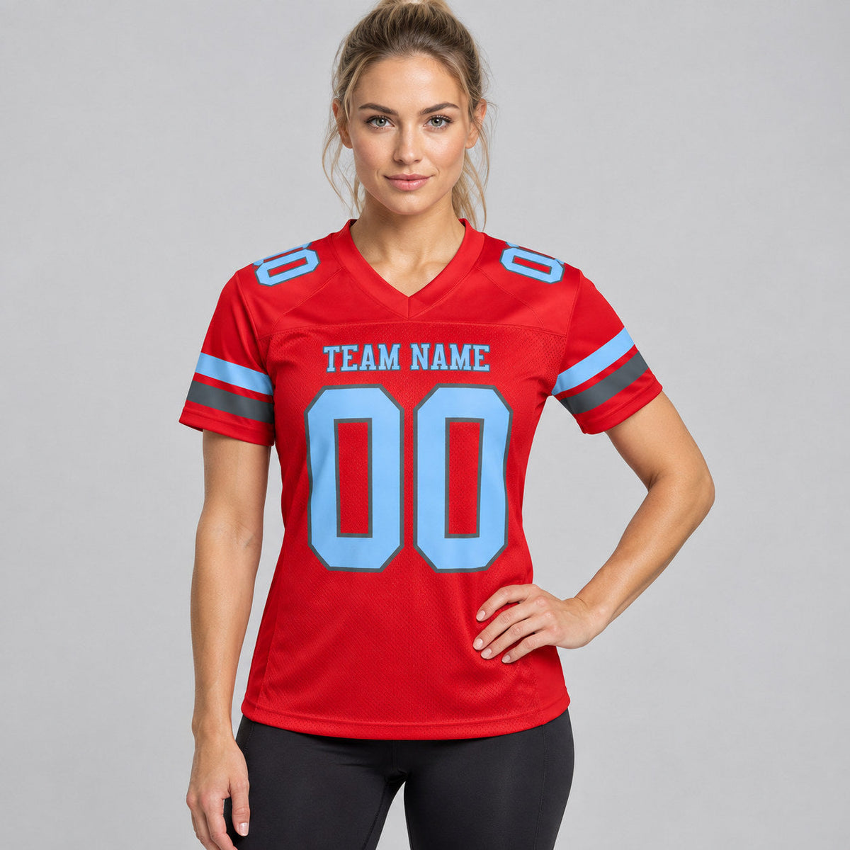 Custom Red Mesh Authentic Football Jersey with Light Blue and Steel Gray Lettering worn by female model