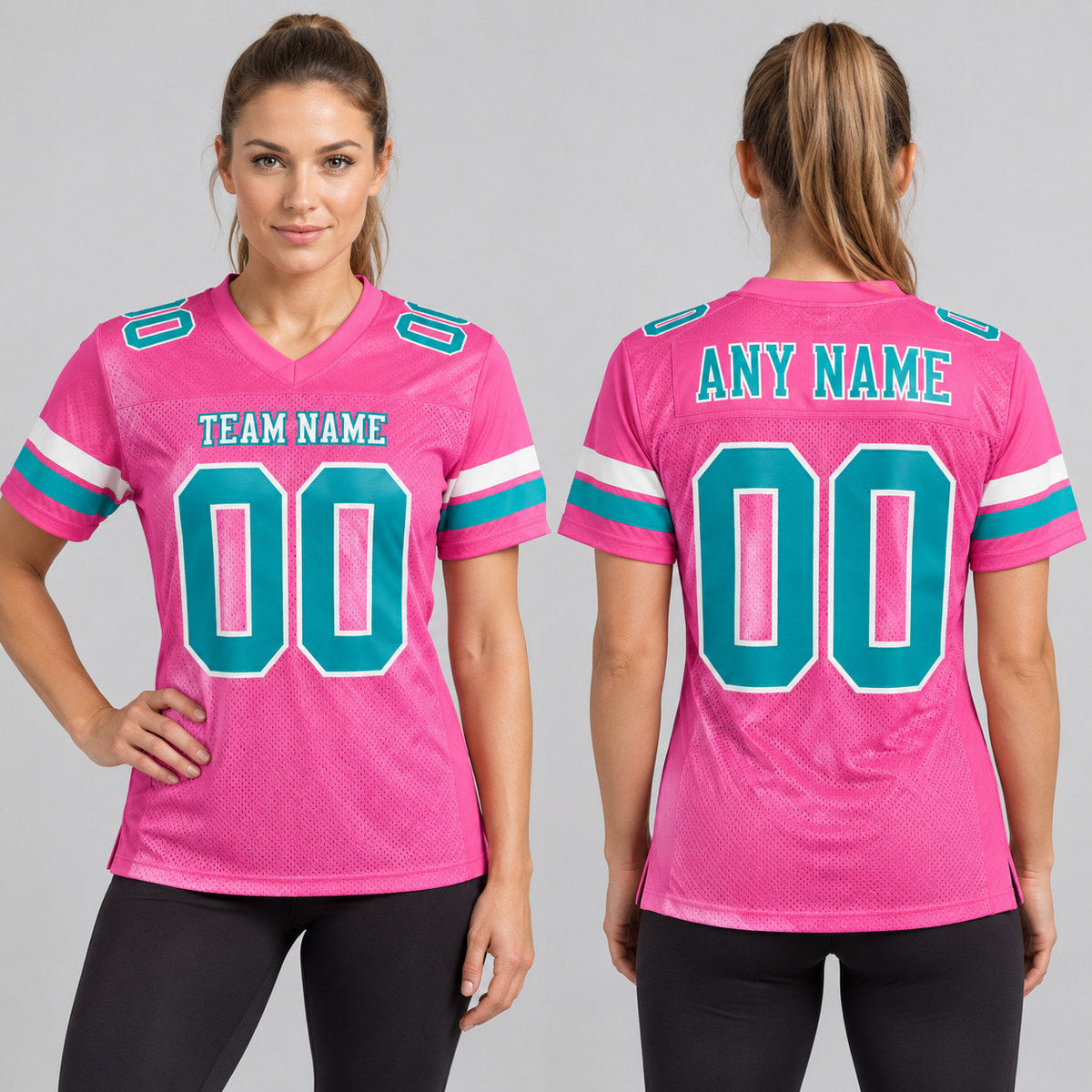 Custom Pink Mesh Authentic Football Jersey with Teal and White Lettering Design 0280 worn by female model