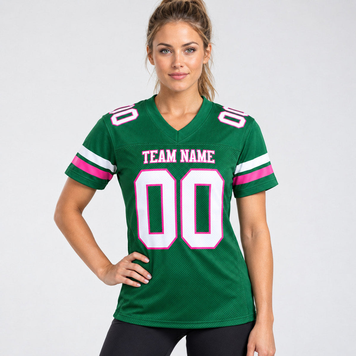 Custom Kelly Green Mesh Authentic Football Jersey with White and Pink Lettering Design 0458 worn by female model