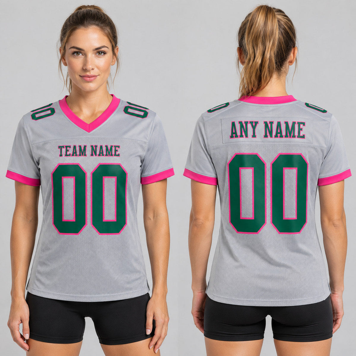 Custom Gray Mesh Authentic Football Jersey with Kelly Green and Pink Lettering worn by female model