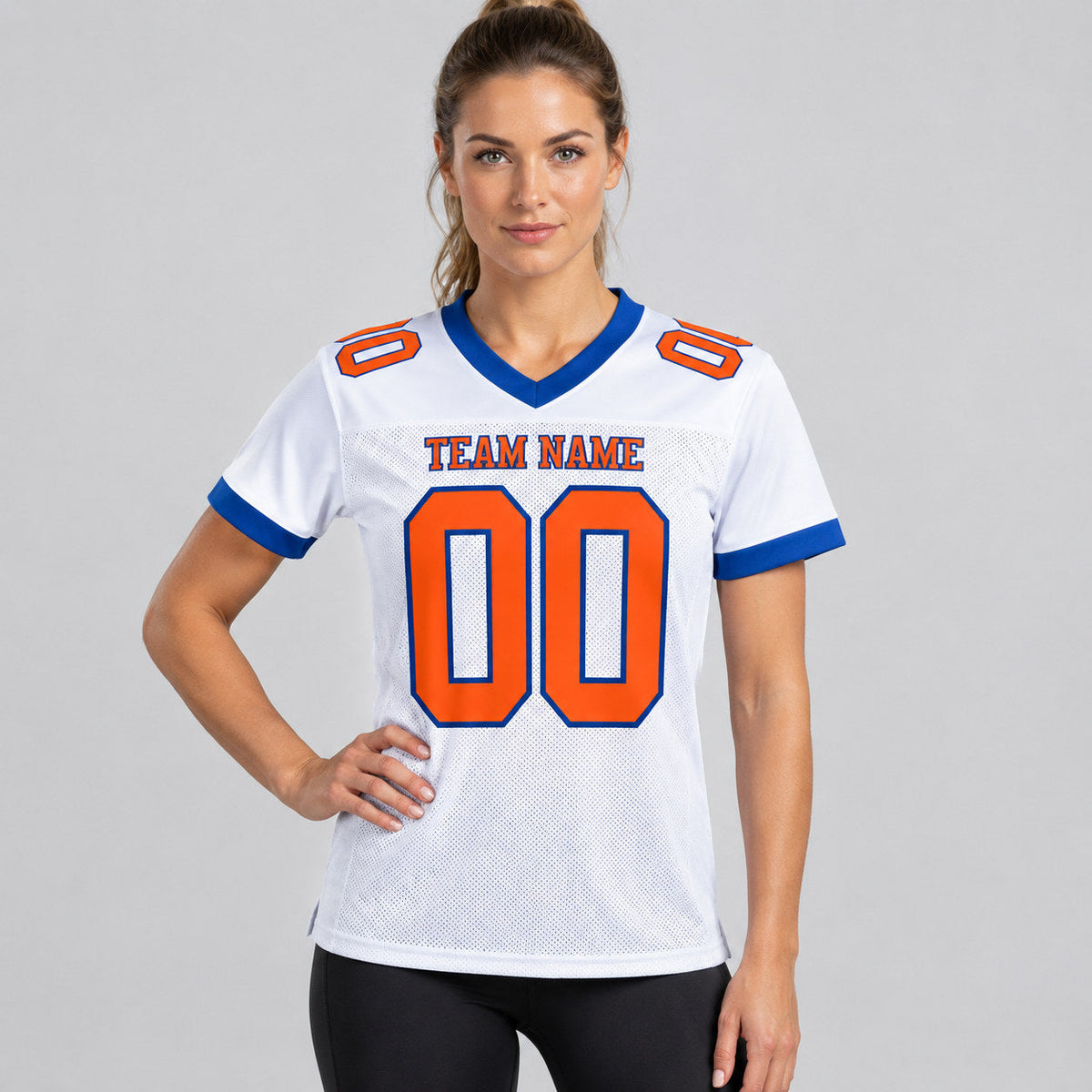 Custom White Mesh Authentic Football Jersey with Orange and Royal Lettering Design 1416 worn by female model