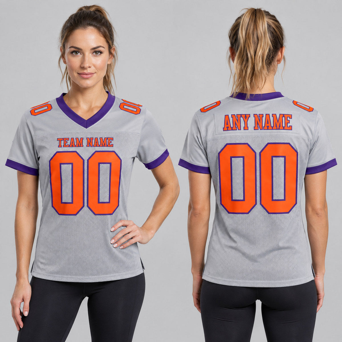 Custom Gray Mesh Authentic Football Jersey with Orange and Purple Lettering worn by female model