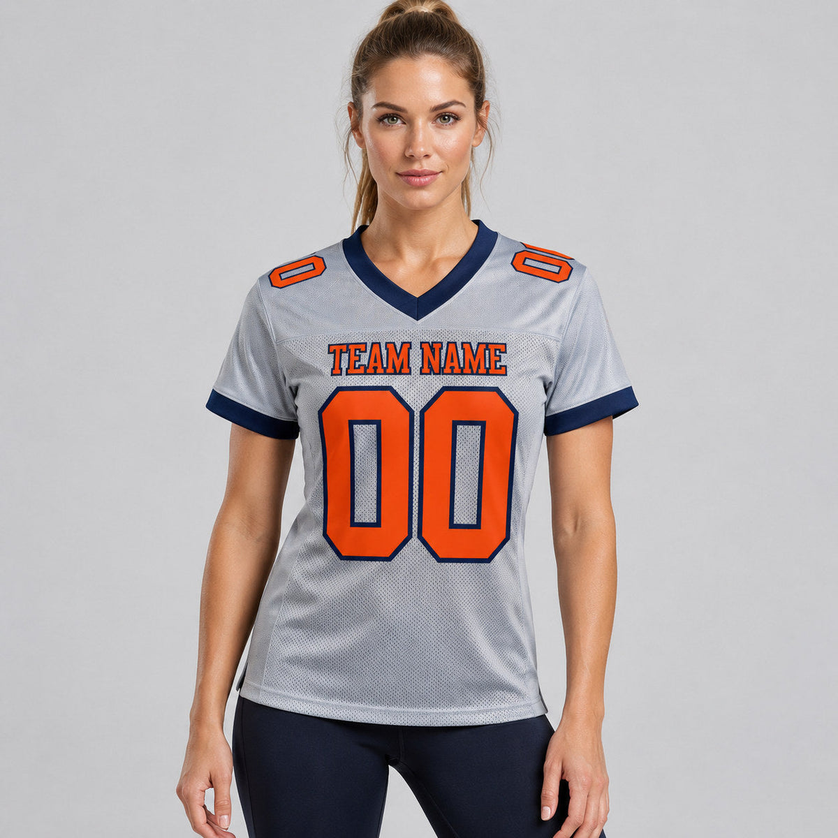 Custom Gray Mesh Authentic Football Jersey with Orange and Navy Lettering Design 0546 worn by female model