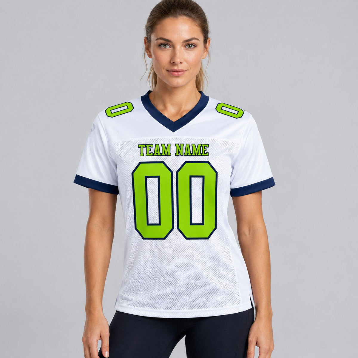 Custom White Mesh Authentic Football Jersey with Neon Green and Navy Lettering worn by female model