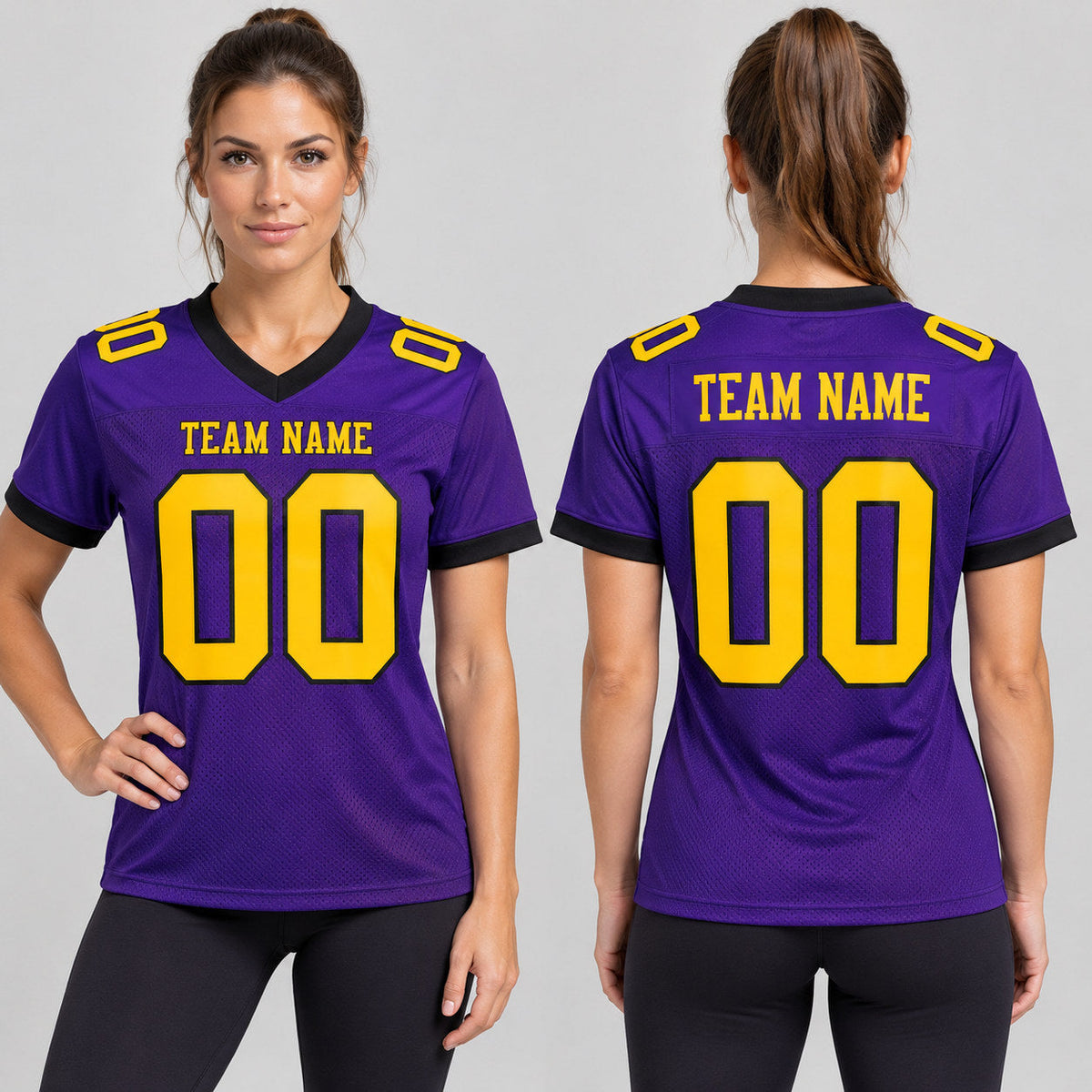Custom Purple Mesh Authentic Football Jersey with Gold and Black Lettering Design 0454 worn by female model