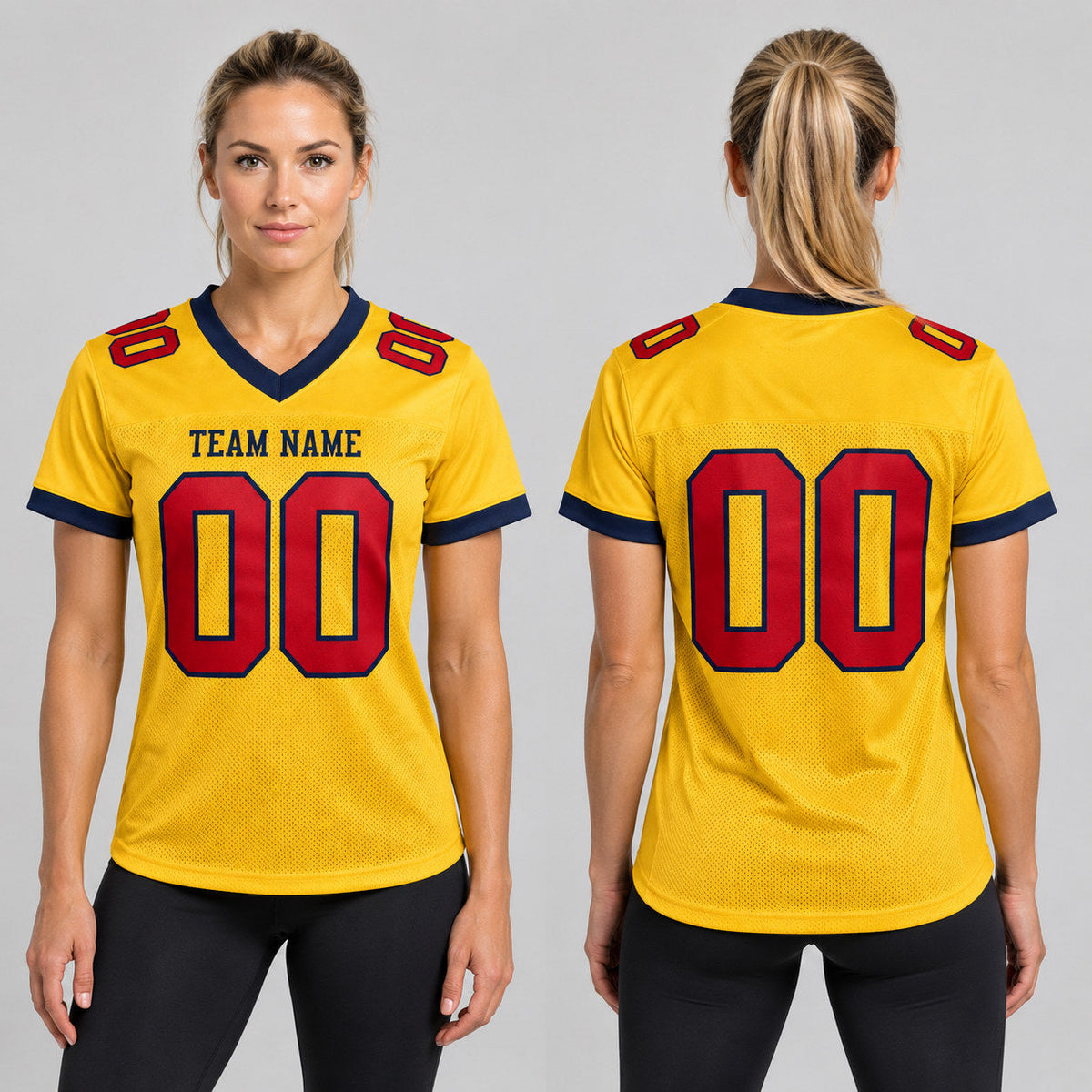 Custom Gold Mesh Authentic Football Jersey with Red and Navy Lettering Design 0426 worn by female model
