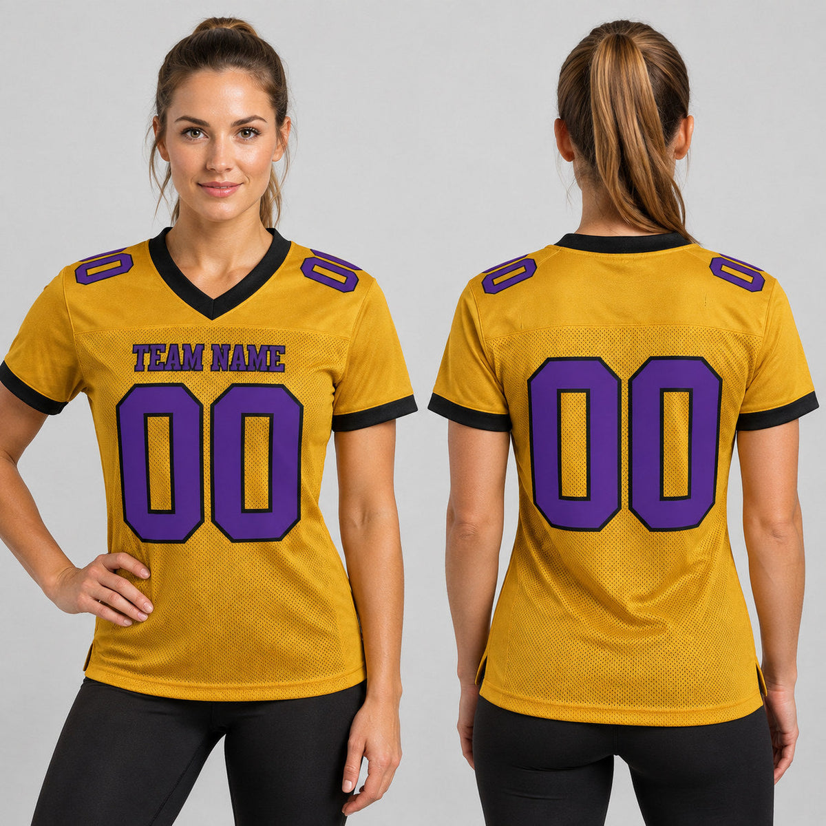 Custom Old Gold Mesh Authentic Football Jersey with Purple and Black Lettering Design 0053 worn by female model