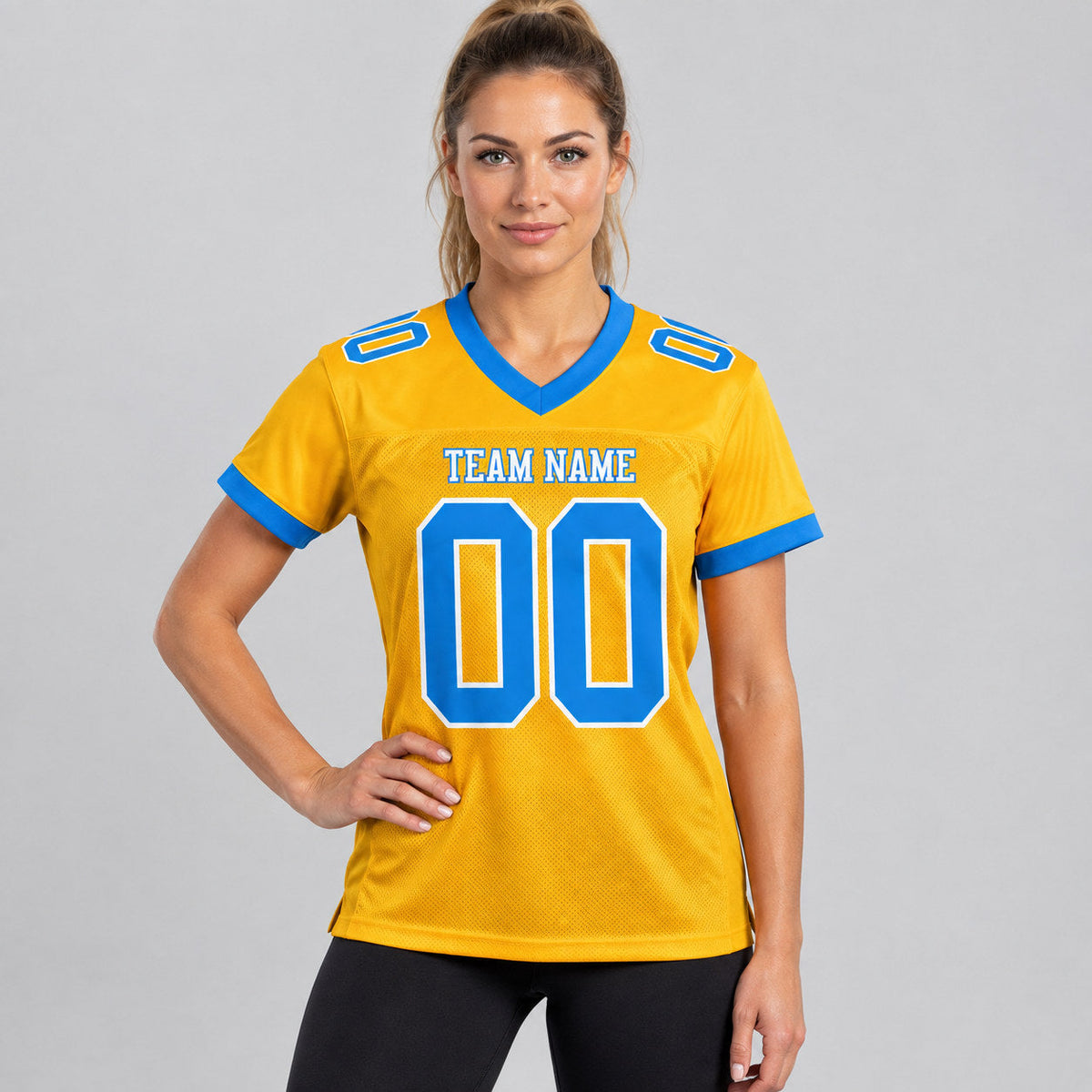 Custom Gold Mesh Authentic Football Jersey with Powder Blue and White Lettering worn by female model