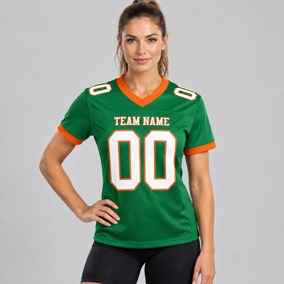 Custom Grass Green Mesh Authentic Football Jersey with White and Orange Lettering Design 0010 worn by female model