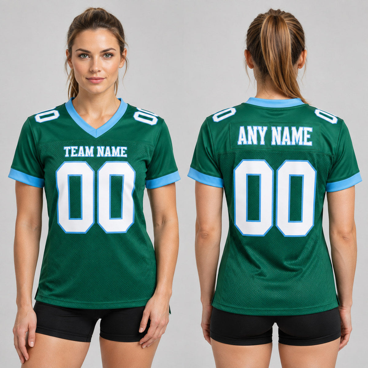 Custom Kelly Green Mesh Authentic Football Jersey with White and Powder Blue Lettering worn by female model
