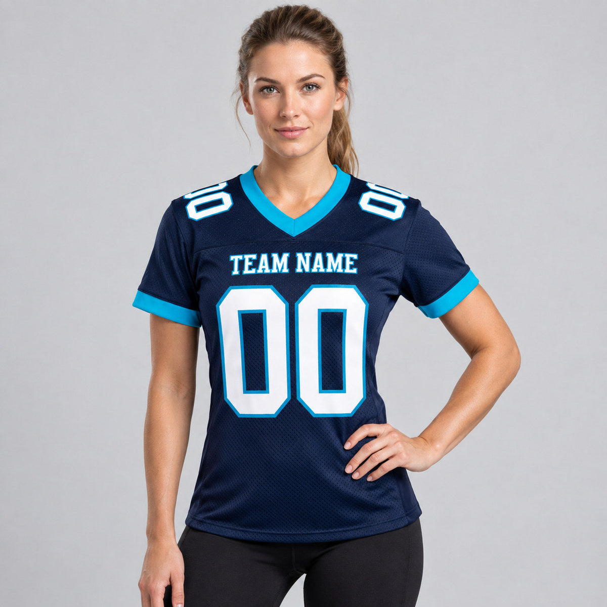 Custom Navy Mesh Authentic Football Jersey with White and Panther Blue Lettering worn by female model