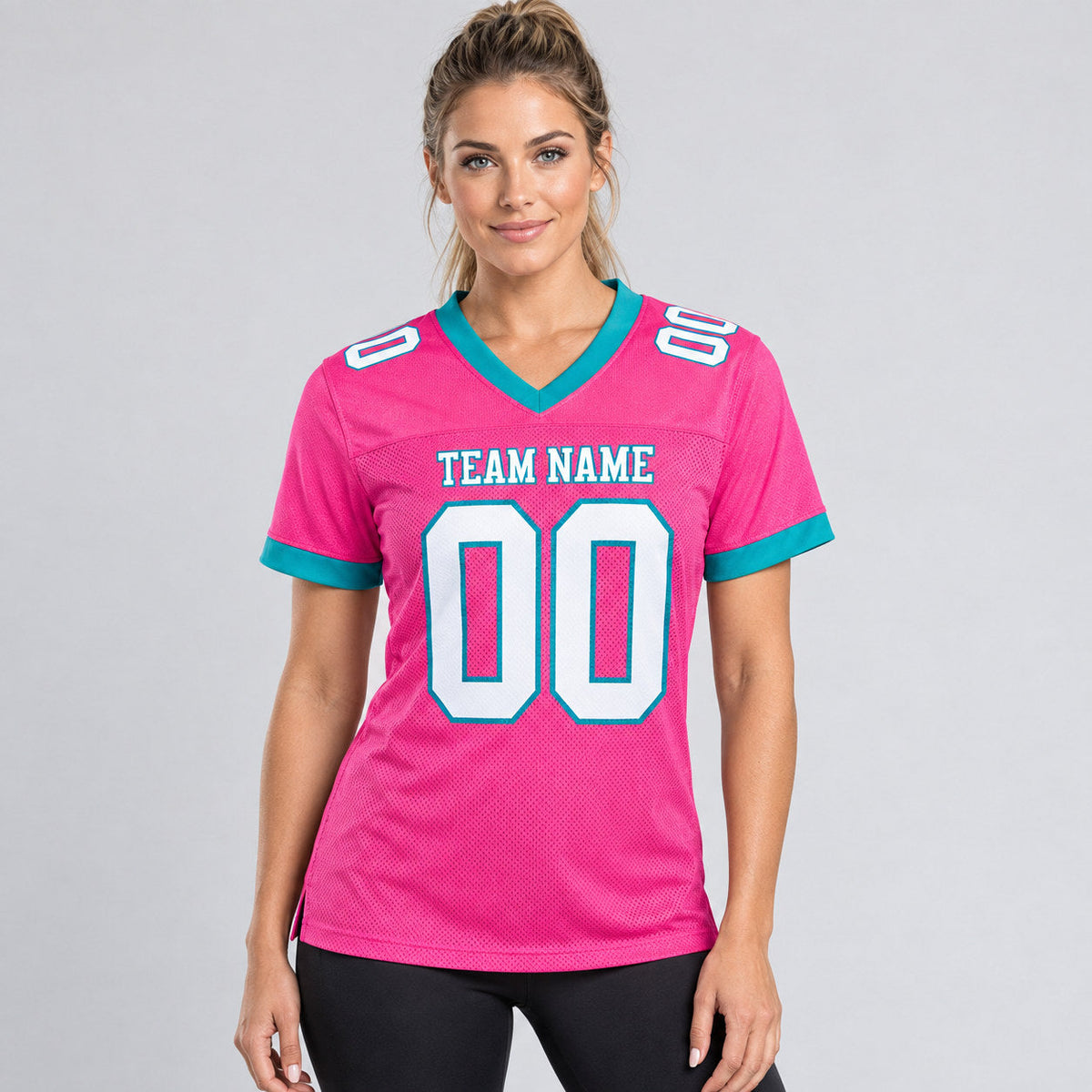 Custom Pink Mesh Authentic Football Jersey with White and Teal Lettering worn by female model