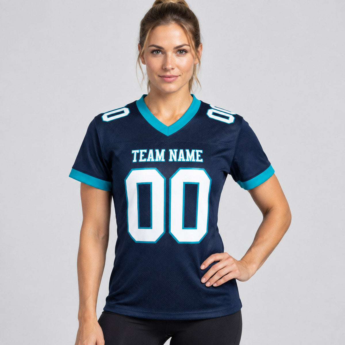 Custom Navy Mesh Authentic Football Jersey with White and Teal Lettering Design 0633 worn by female model