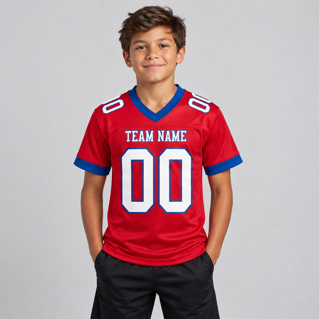 Custom Red Mesh Authentic Football Jersey with White and Royal Lettering Design 0625 youth size worn by child model