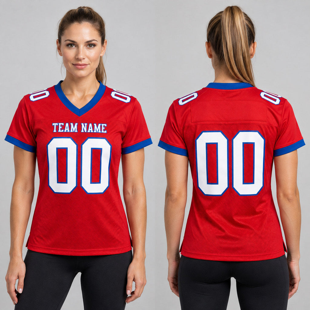 Custom Red Mesh Authentic Football Jersey with White and Royal Lettering Design 0625 worn by female model