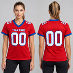 Custom Red Mesh Authentic Football Jersey with White and Royal Lettering Design 0625 worn by female model