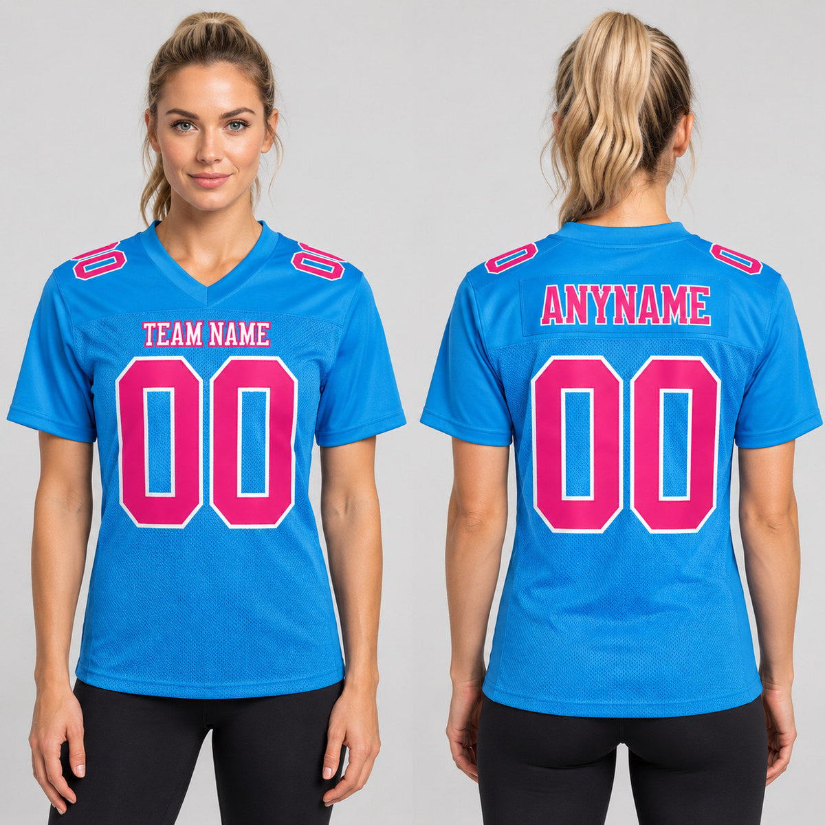 Custom Powder Blue Mesh Authentic Football Jersey with Hot Pink and White Lettering worn by female model