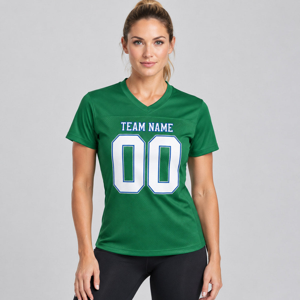 Custom Kelly Green and White Mesh Authentic Football Jersey with Royal and Gray Lettering worn by female model