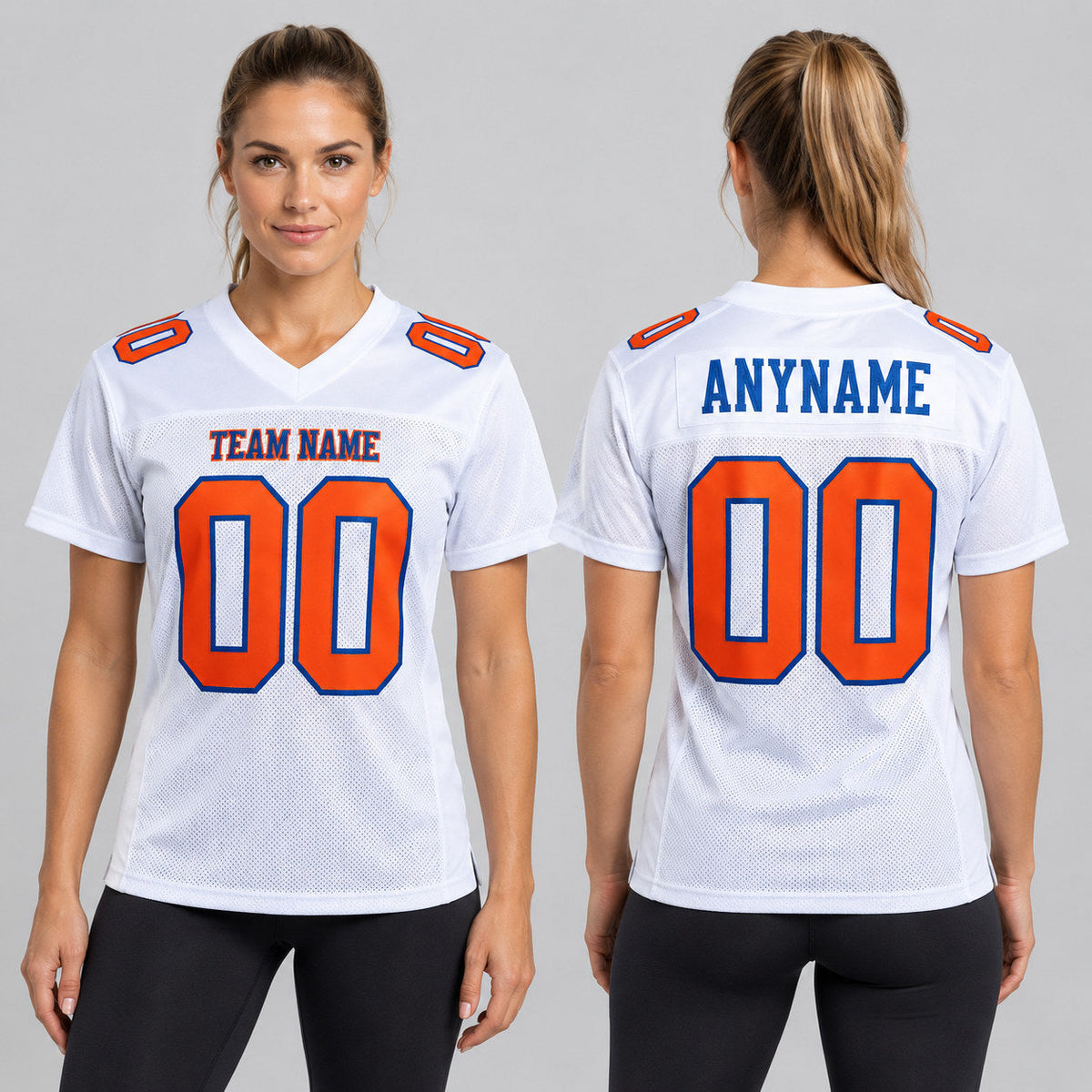 Custom White Mesh Authentic Football Jersey with Orange and Royal Lettering Design 1130 worn by female model