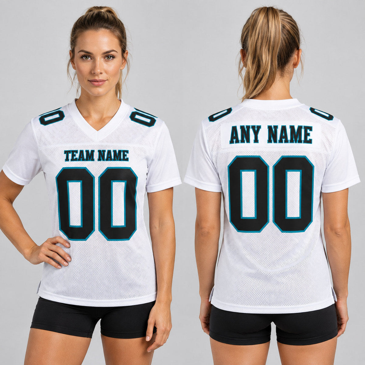 Custom White Mesh Authentic Football Jersey with Black and Teal Lettering worn by female model