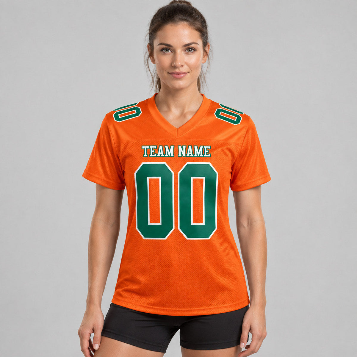 Custom Orange Mesh Authentic Football Jersey with Kelly Green and White Lettering Design 0251 worn by female model