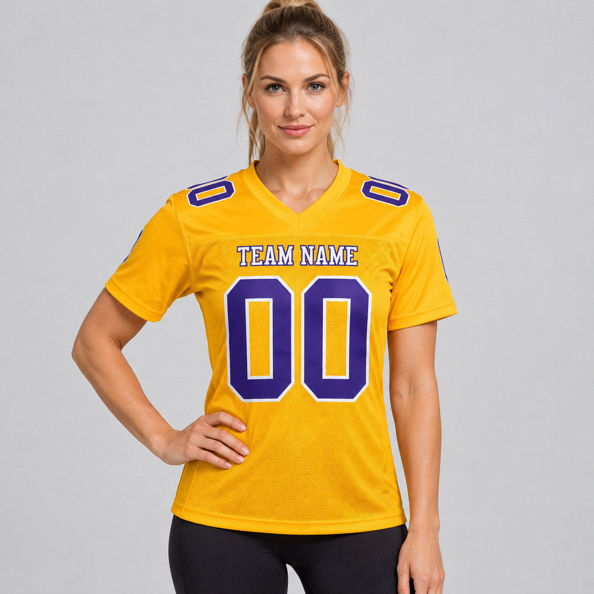 Custom Gold Mesh Authentic Football Jersey with Purple and White Lettering Design 0314 worn by female model