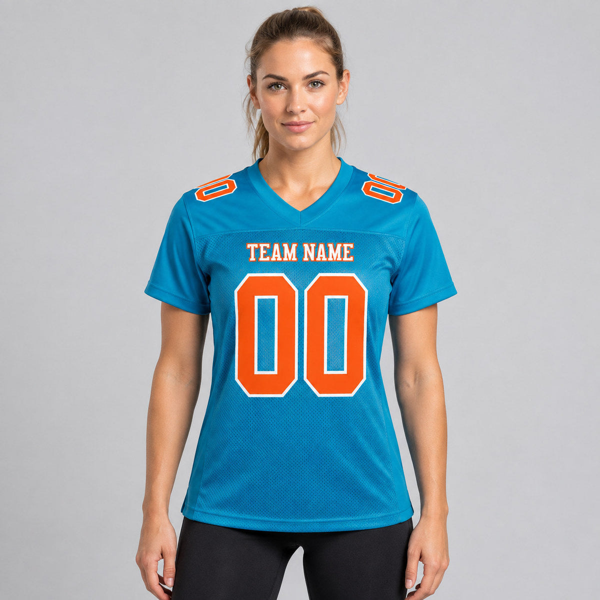 Custom Panther Blue Mesh Authentic Football Jersey with Orange and White Lettering Design 0036 worn by female model