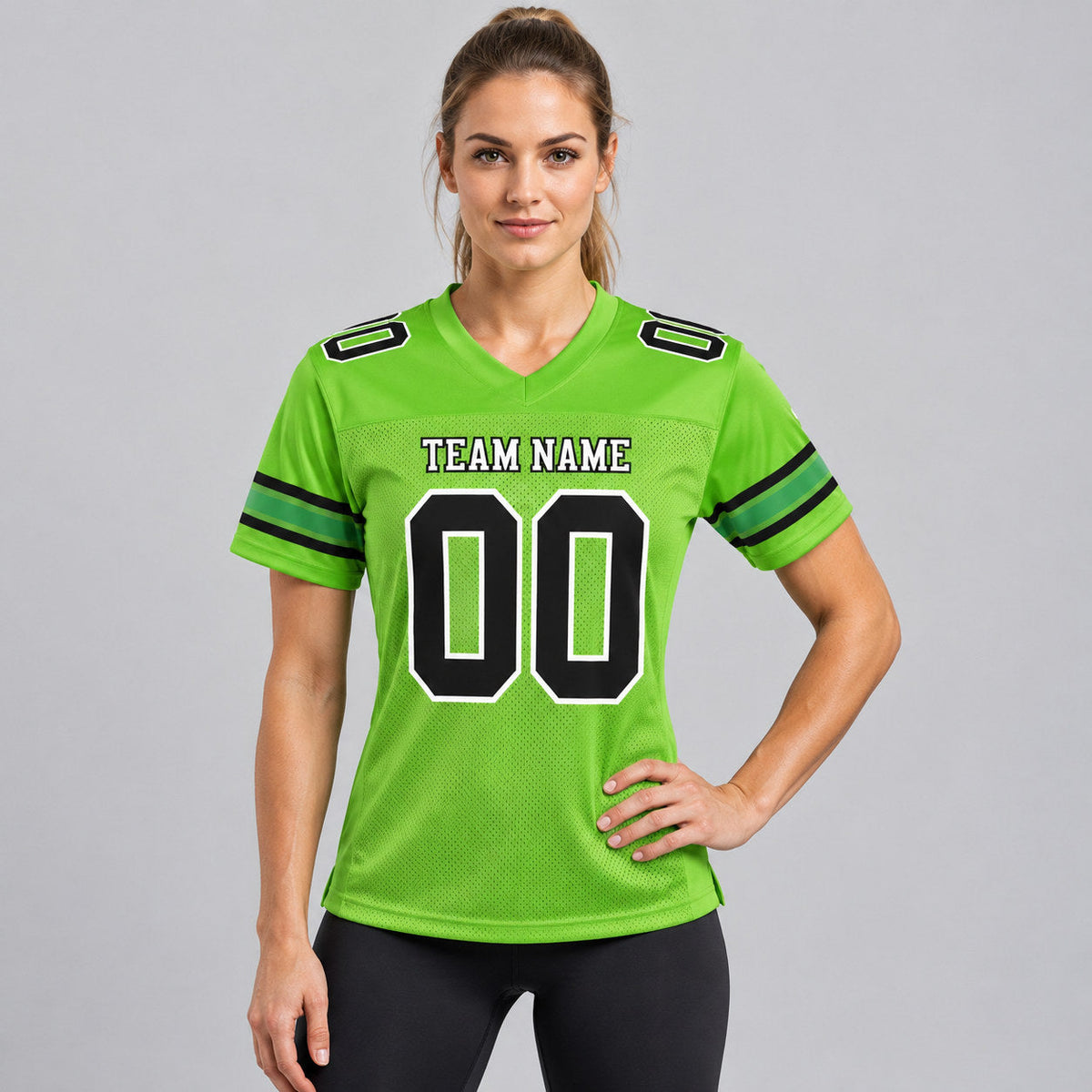 Custom Neon Green Mesh Authentic Football Jersey with Black and White Lettering Design 0084 worn by female model