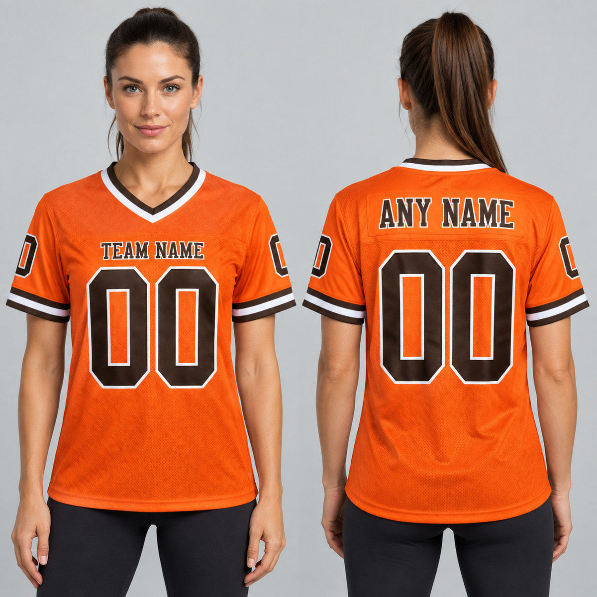 Custom Orange Mesh Authentic Football Jersey with Brown and White Lettering Design 0223 worn by female model