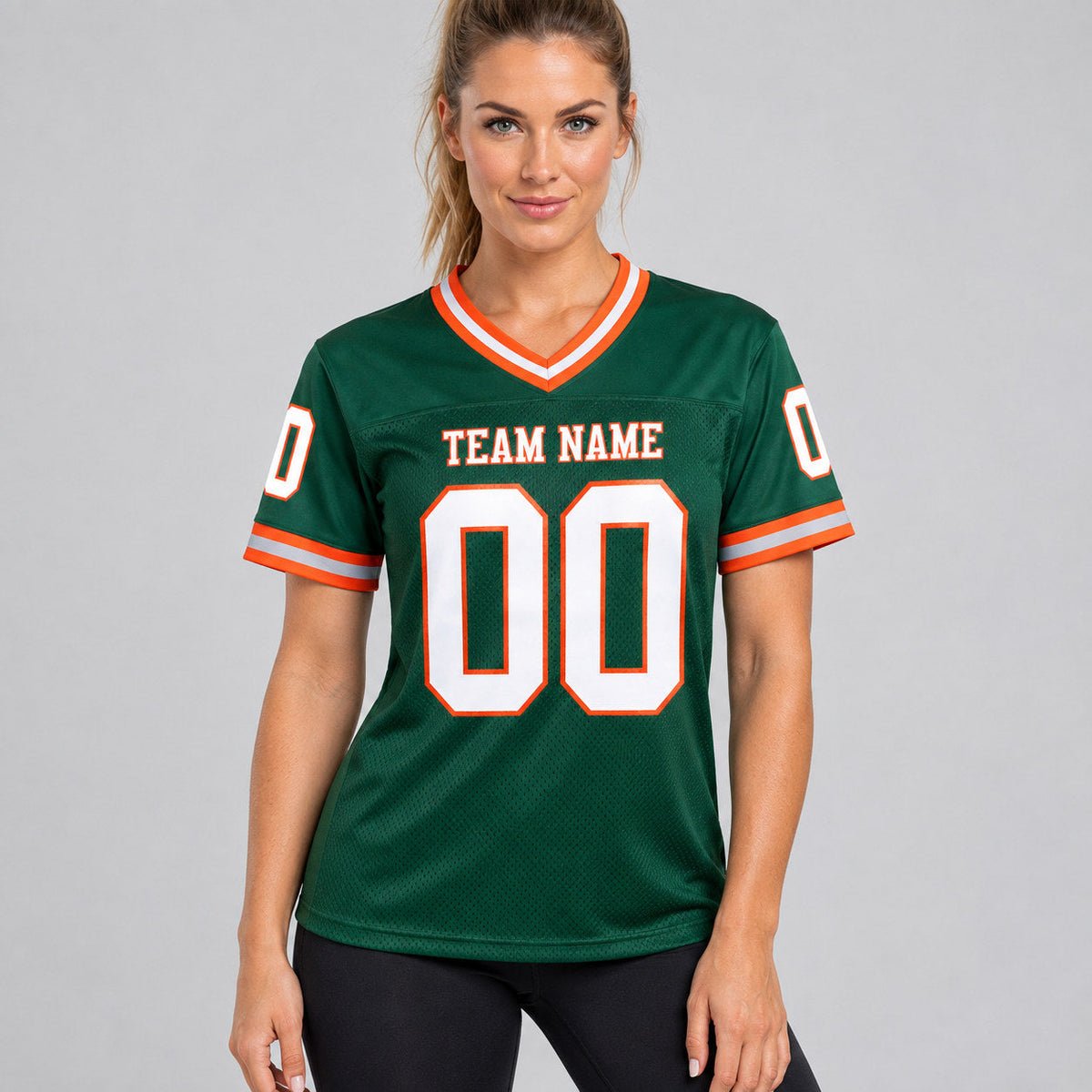 Custom Green Mesh Authentic Football Jersey with White and Orange Lettering Design 0056 worn by female model